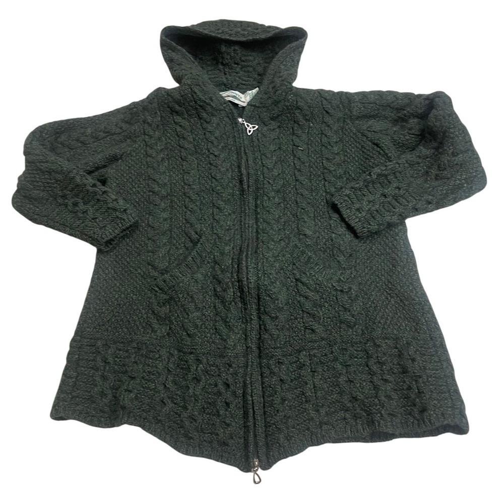 Aran Crafts Women's Green 100% Merino Wool Cable Knit Hooded‎ Sweater Ireland S
